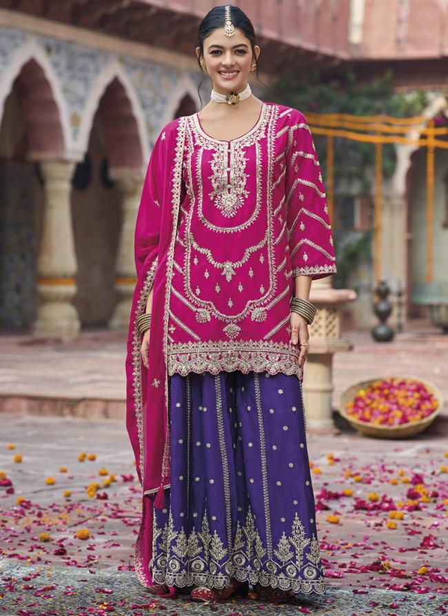 Chinnon Hot Pink Eid Wear Zari Work Readymade Plazzo Suit